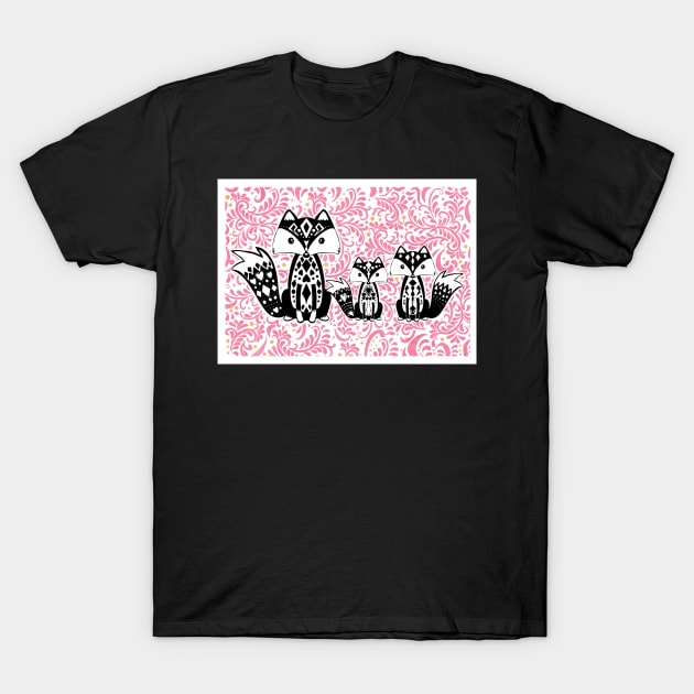 Linoprint Vixen with Cubs Floral Background T-Shirt by NattyDesigns